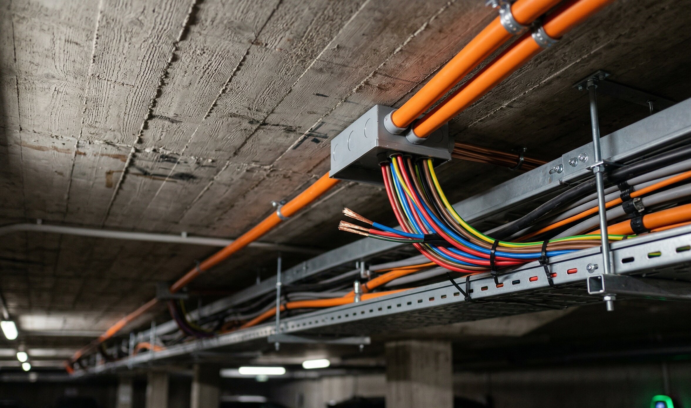 Vorverkabelung in einer Tiefgarage: Kabeltrassen und Stromverteilung